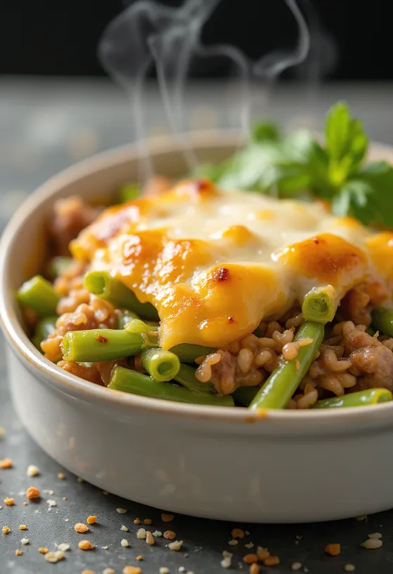 Gratin de haricots verts avec crème fraîche et fromage gratiné sur le dessus.