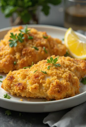 Blancs de poulet panés dorés servis avec salade