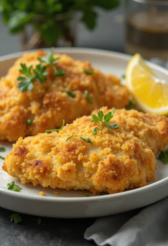 Blancs de poulet panés dorés servis avec salade