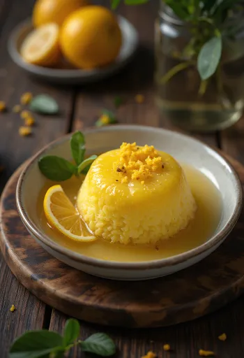 Revani à la bergamote, tranches de gâteau doré servies avec un sirop d'agrumes