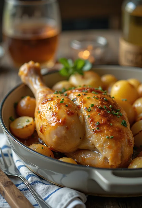 Cuisse de poulet farcie juteuse servie avec des légumes frais et des pommes de terre.