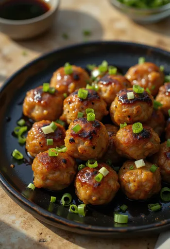 Tsukune au miso, boulettes de viande japonaises fraîchement cuites servies avec de l'oignon nouveau frais