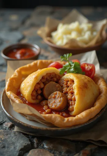 Acarajé à la saucisse, décoré de haricots épicés et persil frais