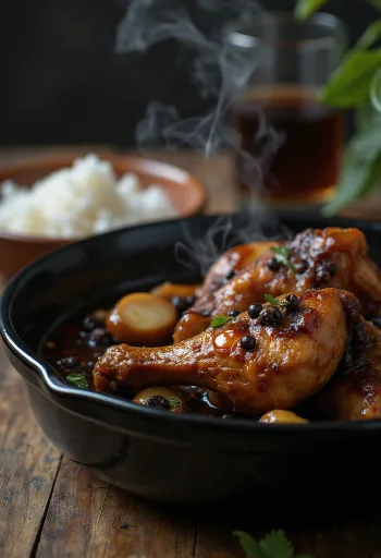 Adobo de poulet, cuit dans la sauce soja, servi avec du riz