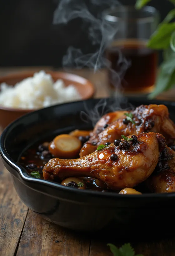 Adobo de poulet, cuit dans la sauce soja, servi avec du riz