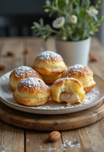 Æbleskiver fourrés aux amandes, saupoudrés de sucre glace, servis dans un bol