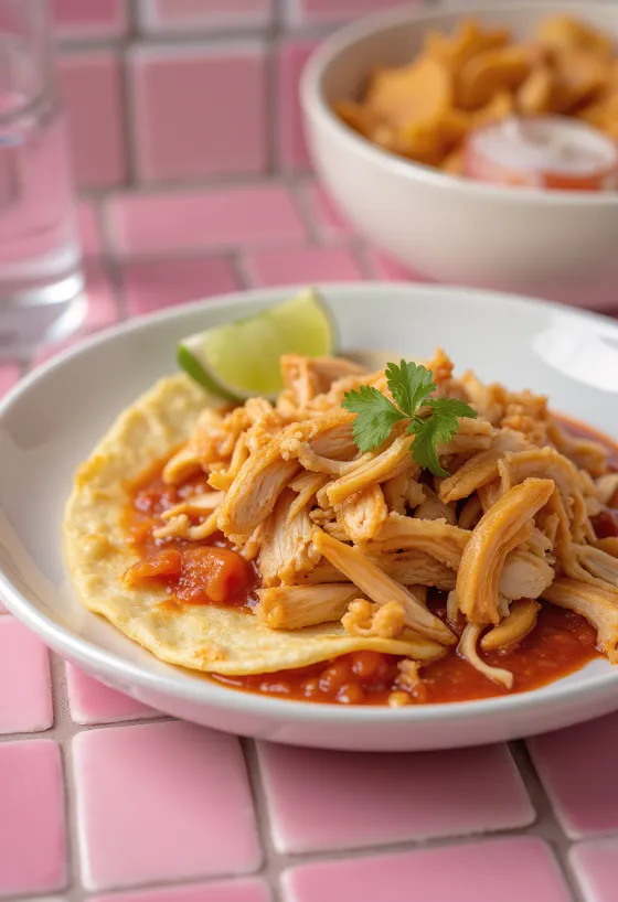 Chilaquiles con pollo deshebrado avec morceaux de tortilla croustillants, sauce rouge, fromage râpé et crème fraîche