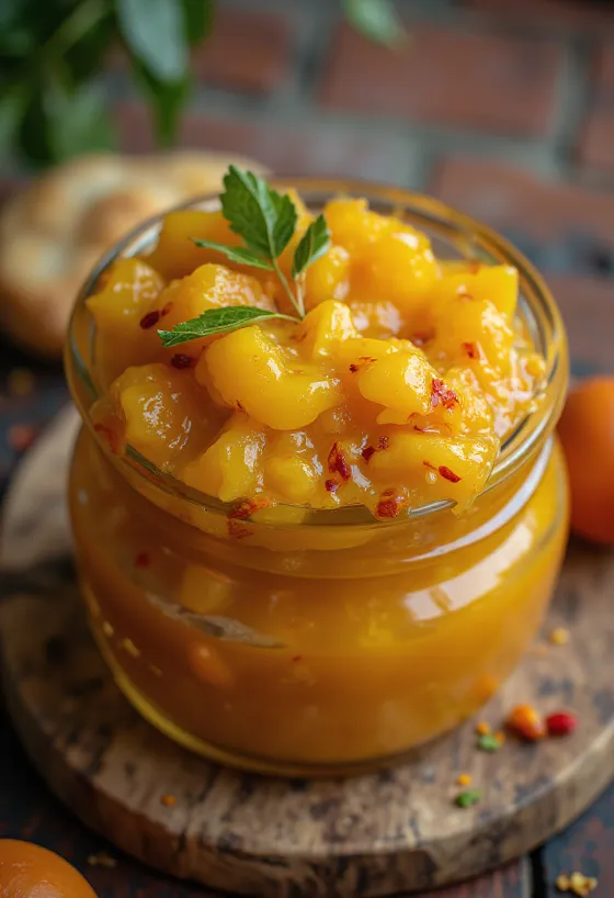 Chutney de mangue épicé servi avec du pain naan