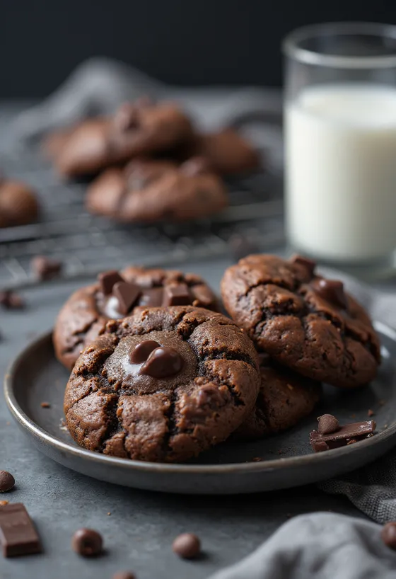 Cookie riche en chocolat avec chocolat fondu et saupoudré de sucre glace