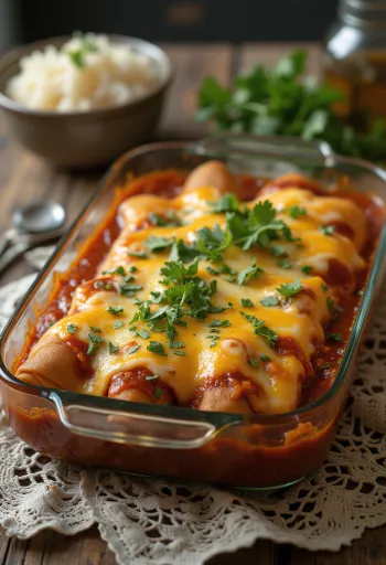 Enchiladas au bœuf, au fromage et à la sauce salsa, décorées de coriandre fraîche