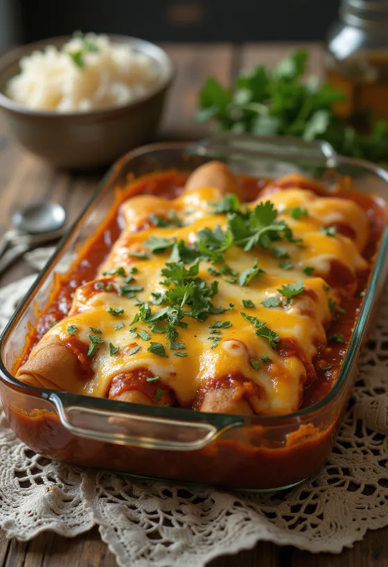 Enchiladas au bœuf, au fromage et à la sauce salsa, décorées de coriandre fraîche