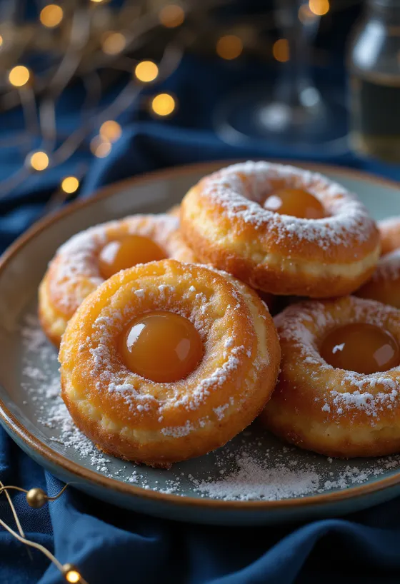 Beignets de carnaval saupoudrés de sucre glace et servis avec de la confiture