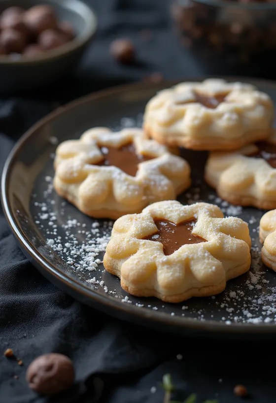Sablés Linzer aux marrons servis sur une assiette