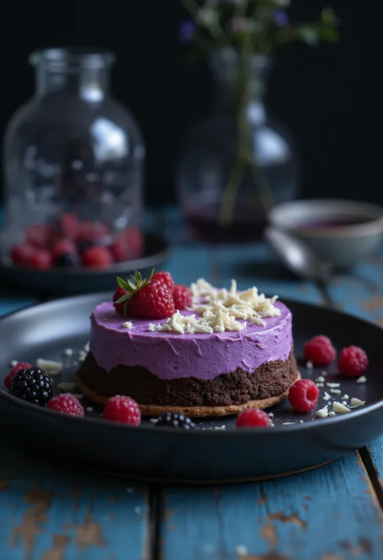 Gâteau mousse au chocolat et aux fruits rouges servi en tranches