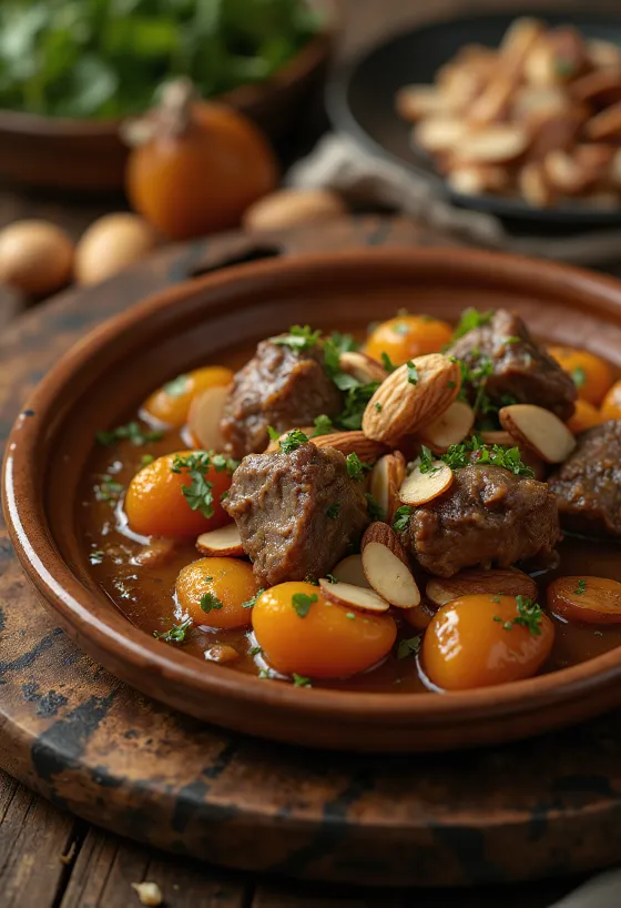 Tajine d'agneau aux abricots servi avec couscous