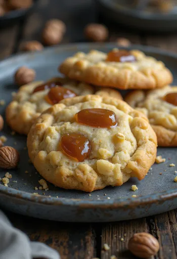 Biscuits aux noisettes et éclats de caramel servis