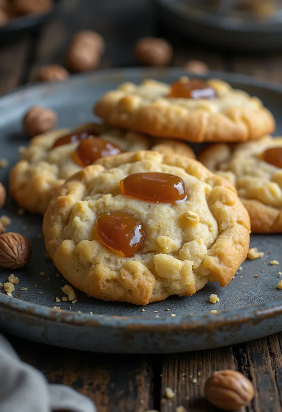 Biscuits aux noisettes et éclats de caramel servis
