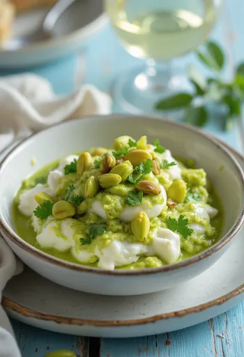 Pesto à la pistache et à la ricotta servi avec des pâtes et du basilic frais