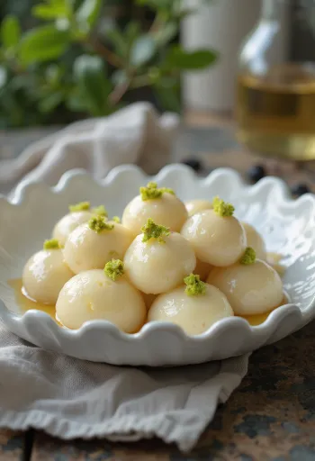 Rasgulla décoré de pistaches, servi sur une assiette élégante.
