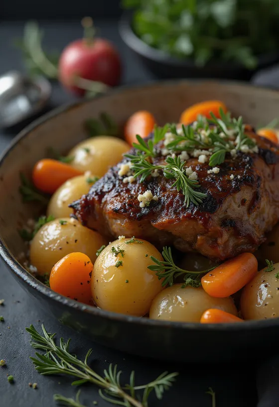 Viande de marmotte rôtie servie avec des légumes racines sur un plateau.