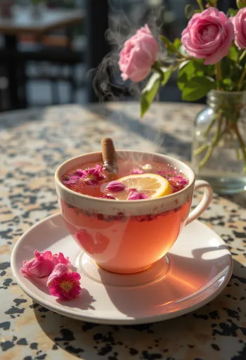 Cidre aux pétales de rose dans une tasse