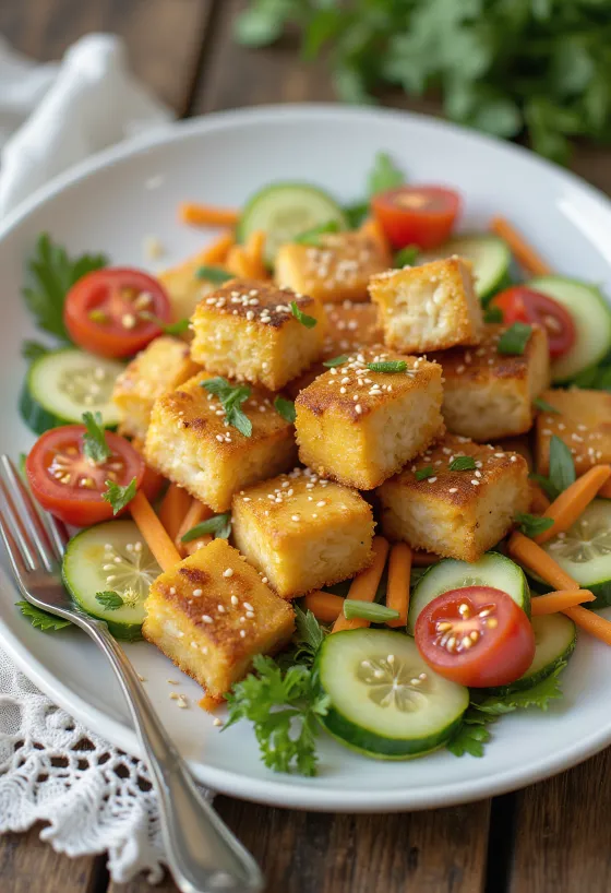 Tofu rôti servi avec une salade de légumes frais