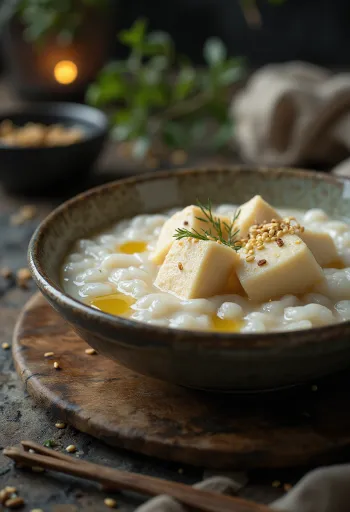 Congee au Tofu, bouillie de riz chinoise au tofu, ail et gingembre