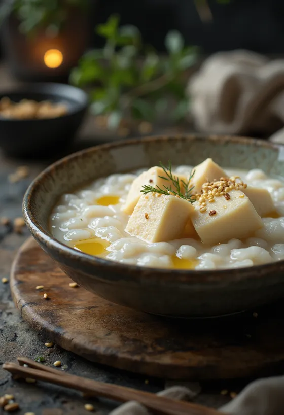 Congee au Tofu, bouillie de riz chinoise au tofu, ail et gingembre