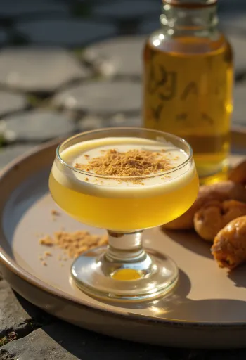 Liqueur aux œufs maison en bouteille, saupoudrée de muscade râpée.