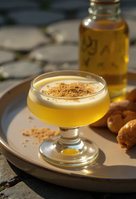 Liqueur aux œufs maison en bouteille, saupoudrée de muscade râpée.