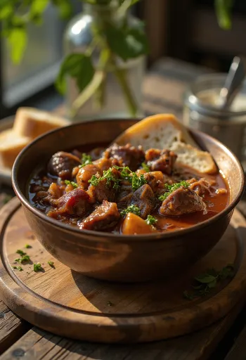 Pörkölt de sanglier avec morceaux de viande juteux, servi avec pommes de terre