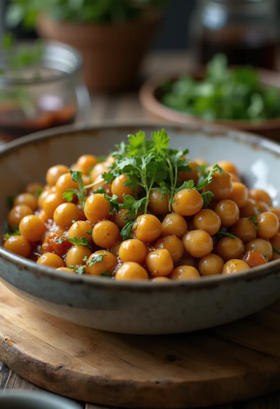 Plat de pois chiches façon adobo avec sauce soja et vinaigre