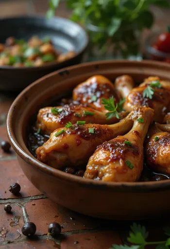 Adobo de viande, servi dans une sauce soja et vin blanc, décoré d'herbes fraîches