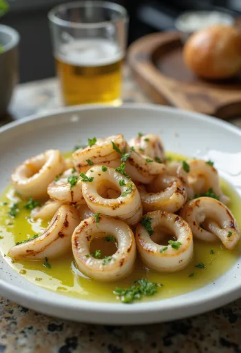 Anneaux de calamar grillés arrosés de sauce à l'ail