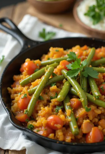 Chakalaka servi avec des haricots verts, des légumes riches et des épices.