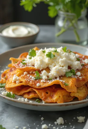 Chilaquiles con queso fresco – tortilla croustillante sauce rouge, fromage frais et crème fraîche