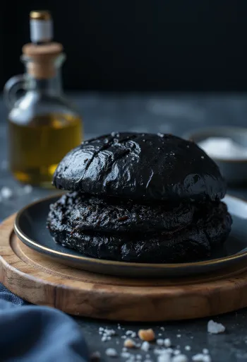 Pain à burger noir à l'encre de seiche fraîchement cuit
