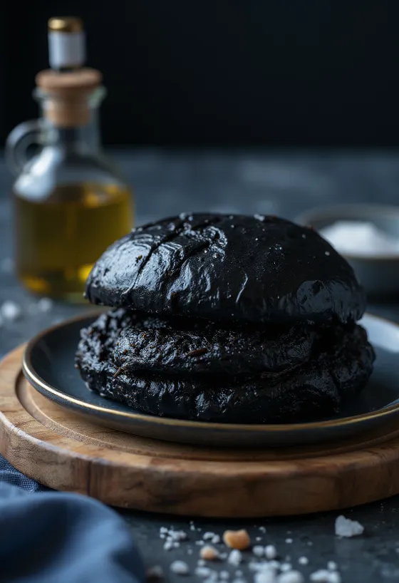 Pain à burger noir à l'encre de seiche fraîchement cuit
