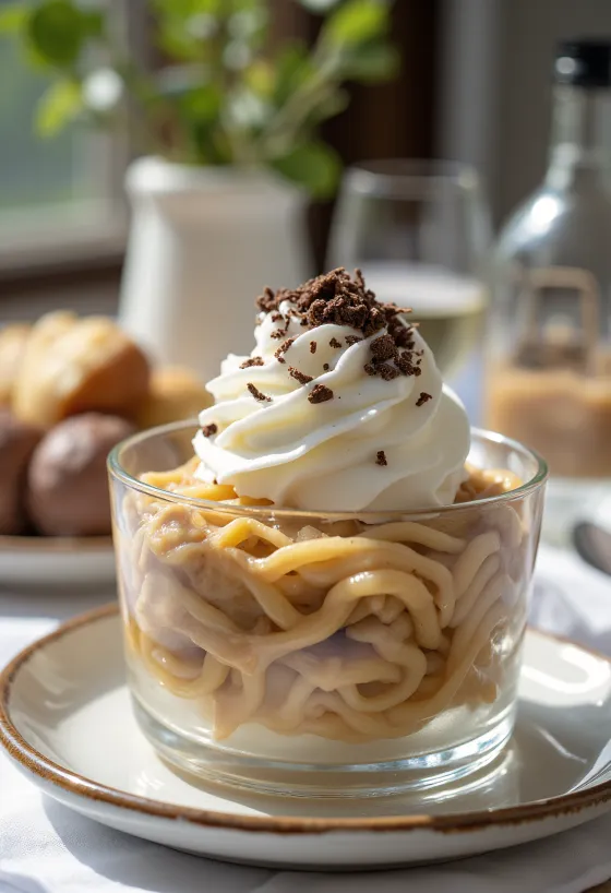 Purée de châtaignes décorée de chantilly et de copeaux de chocolat