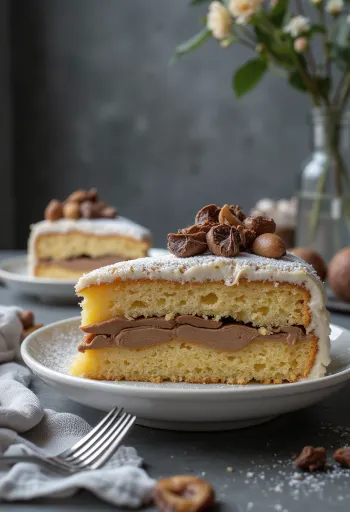 Gâteau aux marrons coupé en tranches, décoré de chocolat