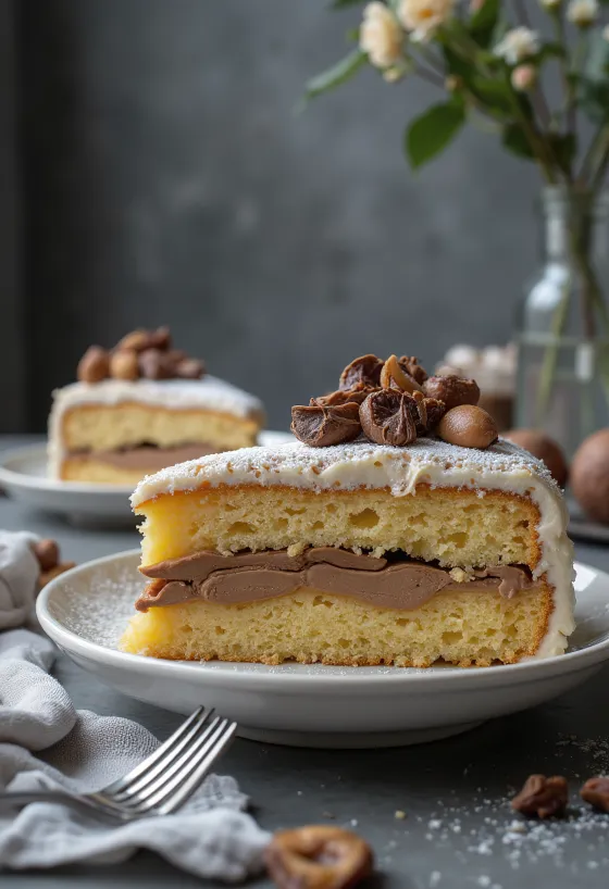 Gâteau aux marrons coupé en tranches, décoré de chocolat