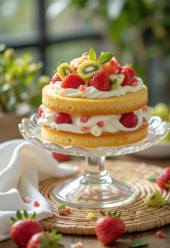 Gâteau à la crème aux fruits servi