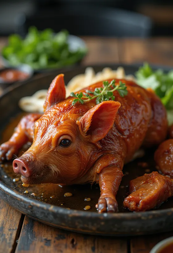 Lechon, cochon rôti à la peau croustillante servi