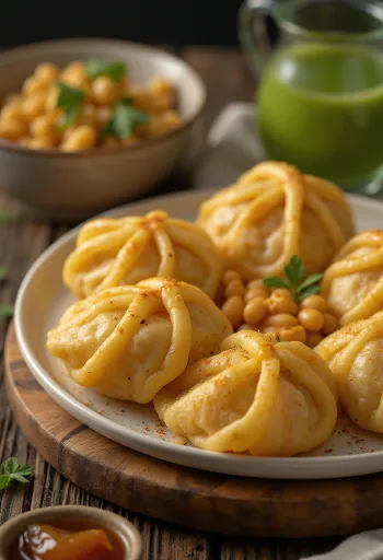 Pani puri farcis aux haricots mungo, plat indien avec sauce tamarin et feuilles de menthe