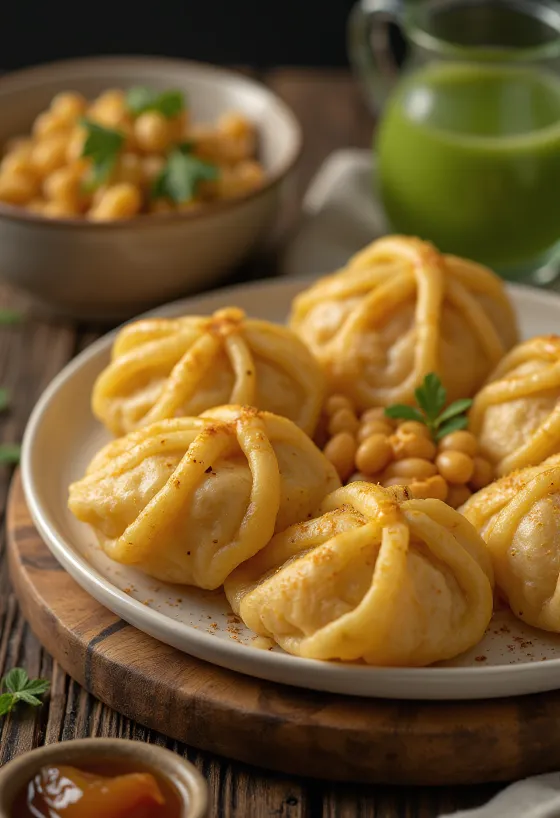 Pani puri farcis aux haricots mungo, plat indien avec sauce tamarin et feuilles de menthe
