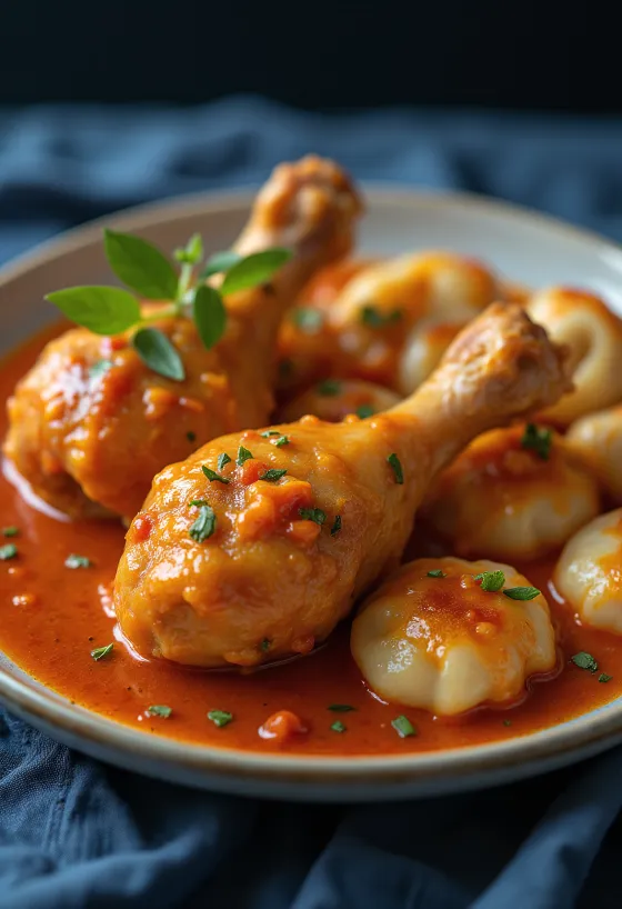 Cuisse de poulet juteuse au paprika dans une sauce crémeuse, servie sur une assiette blanche.