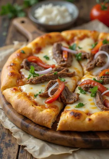 Philly cheesesteak pizza avec tranches de steak et poivrons