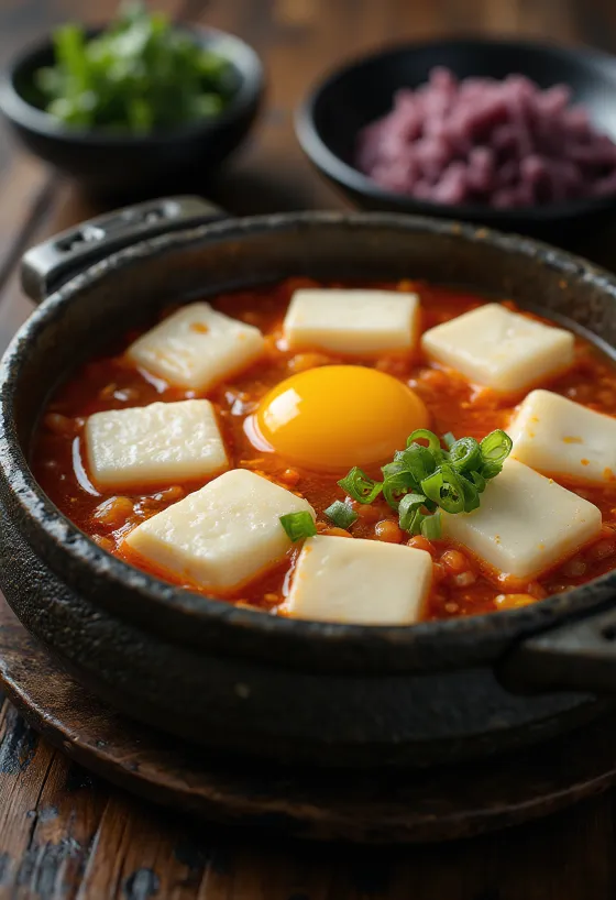 Sundubu Jjigae servi en bol profond, avec oignon nouveau et œuf