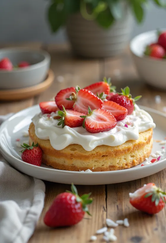 Gâteau vegan aux fraises avec crème fouettée et fraises fraîches