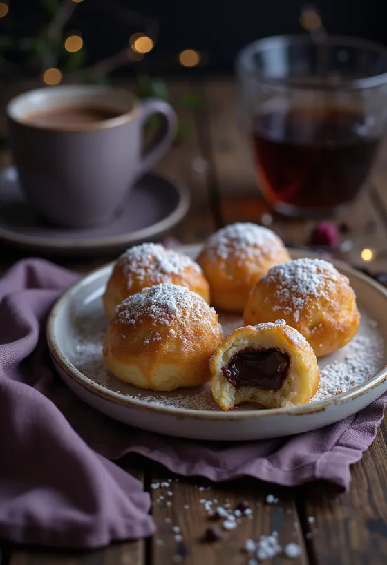 Æbleskiver fraîchement cuits servis avec crème au chocolat et sucre glace